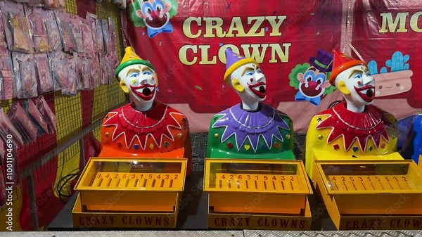 two laughing clown ball machines at a carnival with stuffed soft toys and other prizes in the background, a row of laughing clown faces turning from side to side at SMS Gading Serpong Festival