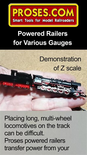 Z SCALE POWERED RAILER Proses powered rerailers transfer power from your analog or digital system directly to the locomotive, allowing it to run, align perfectly, and settle smoothly onto the rails — in seconds. Just place the Proses re-railer on the track, drop your locomotive on the re-railer, run your locomotive as usual — and that’s all. Available in gauges from Z to O, for both 2-rail and 3-rail systems. #modelrailway #modeltrains #rerailer #locomotive #dcc #analog #railwaymodeling #hobbyto