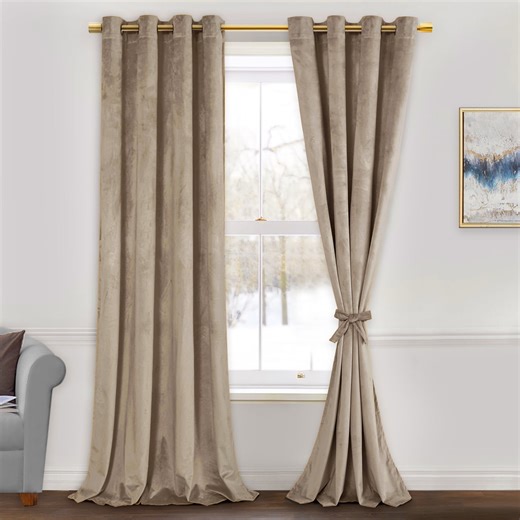 JIUZHEN Taupe Velvet Curtains 84 inches Long, Super Soft Room Darkening Thermal Insulated Window Drapes for Bedroom Living Room Dining Backdrop, W 52 x L 84 inch, Set of 2 Panels