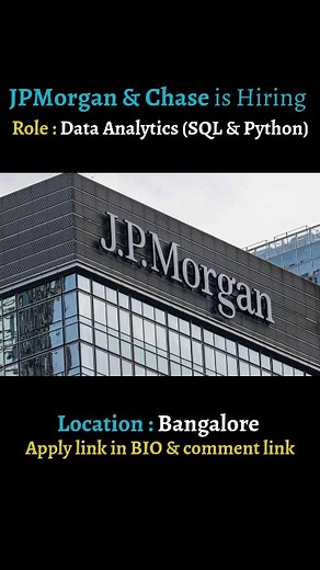 data analyst jobs on Instagram: "📌Full Details & Apply Link: Link in bio or comment Link JPMorgan & Chase is Hiring Role: Data Analytics (SQL & Python) - Associate Salary: Rs. 6 – 15 LPA (via Glassdoor) Qualifications: Graduate Location: Bangalore Closing date: 15.October.2025 Forward 2 friends Like for more job opportunities All the best 👍👍 #dataanaalyst_jobs #jpmorgan #hiring #DataAnalytics #jobvacancy"