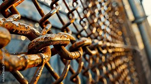 Rusty chain links create textured pattern on fence, showcasing beauty of decay and industrial metal, with warm tones and intricate details in close up background.