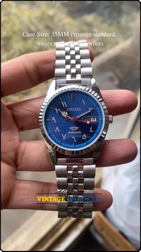 Mohd Anas on Instagram: "Price 2650/- DM to Buy. Brand/Model: Citizen, Reference 8200 Movement: Automatic 21 jewels (no battery needed—self-winding) Case Size: 35mm (vintage standard )Case Material: Stainless steel, Glass back Dial: Blue Face with Arabic Figures Functions: Day-Date complication at 3 o’clock (shows both day of the week and date) Bracelet: Usually stainless steel, sometimes paired with period-correct Bracelet Origin: Made in Japan We are the Vintage Watch Dealer Located in India,