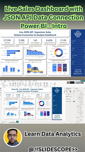 Slidescope on Instagram: "Discover how to build a Live Sales Dashboard in Power BI with seamless JSON API data connection. This intro video walks you through the basics of connecting real-time data, enabling dynamic insights, and setting the stage for interactive business intelligence reporting. Perfect for beginners exploring API-driven dashboards. #PowerBI #SalesDashboard #JSONAPI #DataVisualization #BusinessIntelligence #RealTimeData #analytics"