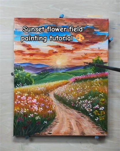 Easy Sunset Flower Field Landscape Acrylic Painting Process 🎨