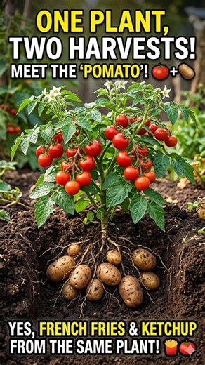 One plant. Two harvests. Meet the Pomato! 🍅+🥔 #gardeninghacks #agriculture #pomato