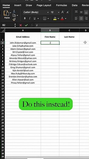 Use Flash Fill to separate first and last names from email addresses! #excel #exceltips #excelt