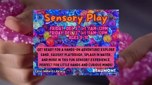 📅Check out what is happening Friday, Dec. 12th at the Beaumont Public Library! Need more time to plan?📔 Be sure to head over to the Beaumont Public Library Website to see our calendar for ALL December events! ⛄️ 📍Downtown Main: 🎬A very Merry Movie Mix at 4:30 PM 📍Elmo Willard: 🧩Sensory Play from 11:00-12:00 PM #bmt #BMT #libraryprograms | Beaumont Public Library System