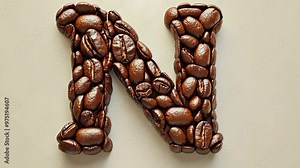 Creative coffee art using coffee beans to form the letter N