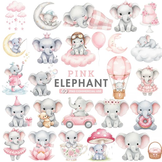 Watercolor Elephant Clipart, Pink Baby Elephant PNG, Cute Safari Animal Clipart, Baby Shower Clipart, Baby Girl Elephant, Nursery Clipart - Etsy Ireland