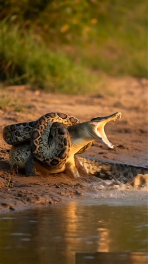 A Big Python Attack on Crocodile in River Bank #crocodile #python #attack #newshort #trending