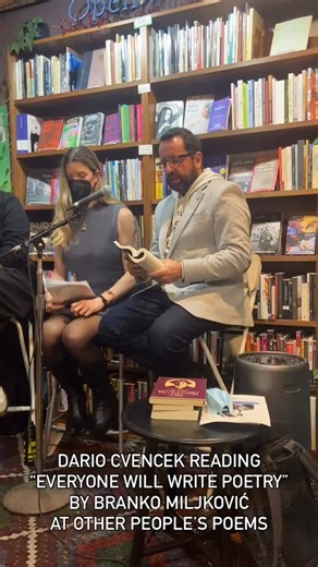 Other People’s Poems on Instagram: "At Other People’s Poems this past weekend, @dario_poetry read an array of poems that have shaped his life and his poetics, including this translation of the famous poem “Everyone Will Write Poetry” by Serbian poet Branko Miljković. Listen to his reading and check out this list of book recommendations that Dario lovingly curated for us: -12 Poems by Tin Ujević (@shearsmanbooks) -Poems of the Night by Jorge Luis Borges (@penguinrandomhouse) -The Flame by Leonard