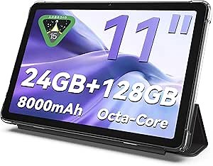 Tablet 11 inch Android 15 Tablets, 24GB RAM + 128 Storage(Expandable up to 2TB), Android Tablet with Case, Octa-Core, IPS HD Display, 13 MP Dual Camera, 8000mAh, 5GWiFi, GPS, Bluetooth 5.0 (Black)