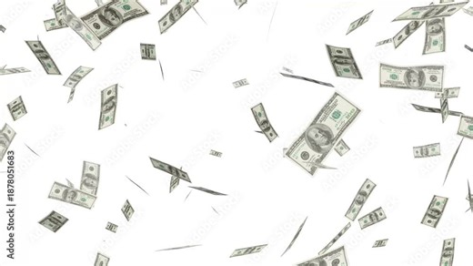 Money explosion overlay isolated white screen chroma key. flying dollar banknotes animation, falling us dollar.