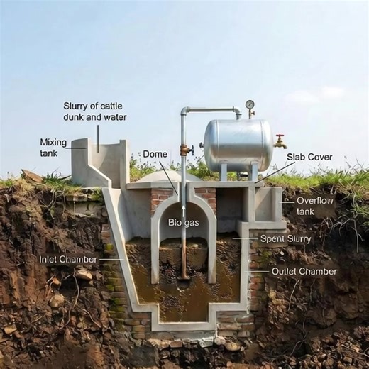 a detailed, cross-sectional diagram of a fixed-dome biogas plant. This system is designed to convert organic waste—specifically cattle dung—into renewable energy (biogas) and nutrient-rich fertilizer (spent slurry) through a process called anaerobic digestion. Here is a breakdown of the components and how they function together: 1. THE INPUT STAGE 🔹 Mixing Tank: Located at the top left, this is where the raw material is prepared. 🔹 Slurry of Cattle Dung and Water: The primary feedstock. To ens