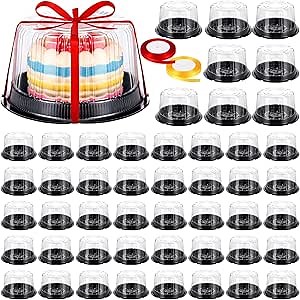 Skylety 80 Pcs 6 Inch Cake Containers with Lid and 2 Rolls Ribbons Plastic Disposable Cake Containers Black Cake Box Clear Bakery Cake Carrier with Transparent Dome Product for Cupcake Transport