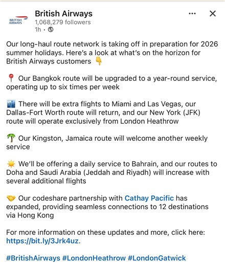 BA Summer 2026 Long Haul Schedule & Aircraft Changes - FlyerTalk Forums