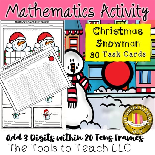 Christmas Snowman Add 3 Digits to 20 Task Cards Grades 2nd-4th