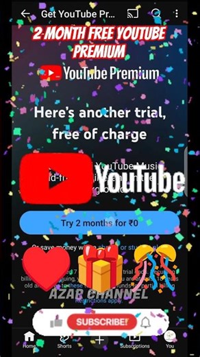 2 month free YouTube premium ♥️🎁🎊 #azarchannel #youtube #premium