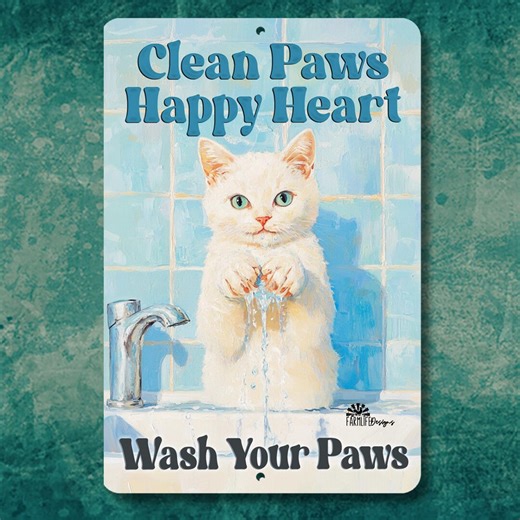 White Cat Bathroom Sign, Clean Paws Happy Heart, Metal Tin Wall Art, Funny Wash Bath Decor - Etsy