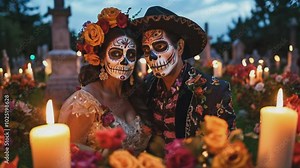 The image features two individuals in traditional Day of the Dead costumes and Catrina-style face paint. They are at a cemetery, surrounded by candles and flowers, creating an atmosphere of deep rever