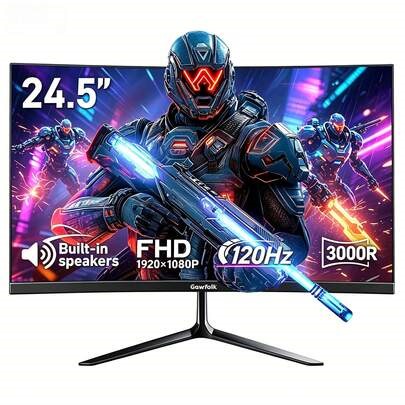 Gawfolk 24.5 Inch Curved Gaming Monitor FHD 1080p 120Hz 1ms, Built-In Speakers 98% SRGB, VGA VESA 75x75mm Wall Mountable, Bezel-Less Wide Viewing Angle PC Screen For Gaming & Computer Use | SHEIN