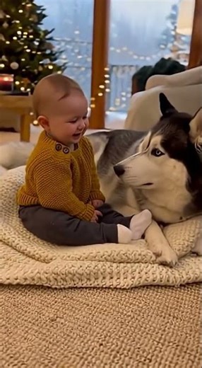 Adorable Baby Points at Calm Husky’s Tail | Heartwarming Moment