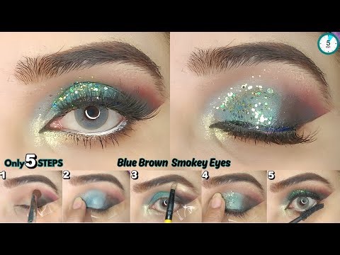 Blue Brown Smokey Eyes Makeup Tutorial | Easy Chunky Glitter Eye Makeup Step By Step