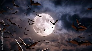 Flock of Bats Flying Against a Full Moon and Dark Cloudy Night Sky
