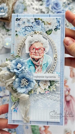 Anna Zaprzelska • Room of crafts on Instagram: "This handmade card was created exactly a year ago, back when it was still part of Lemoncraft, and I still love coming back to that time because it resulted in so many wonderful projects The author of the tutorial and this lovely card for a grandmother is Marta @marta_lulek and you can watch the full video on my YouTube channel - link in BIO. The grandma illustration is one of my digi design - printed and placed in a beautiful setting