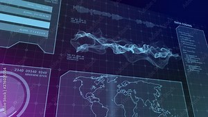 HUD digital computer screen monitor display dashboard background. Smart technology IOT of sci-fi future with world map 3D rendering simulation