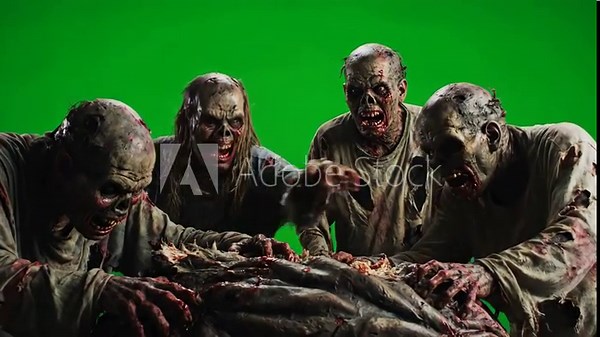 Ravenous Zombies Feasting on Corpse - Green Screen - A low-angle shot of four gruesome zombies ravenously devouring a bloody corpse against a green screen.