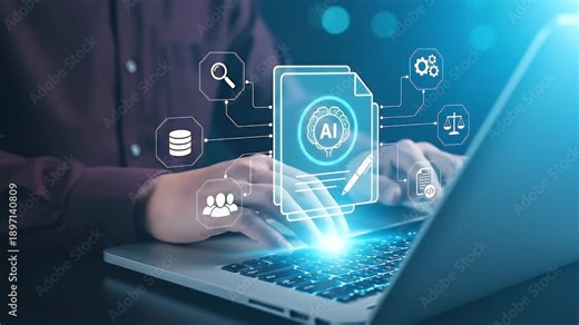 AI-powered document and text generation. Retrieval-augmented generation RAG. Business process automation with generative AI. Businessperson using laptop computer.