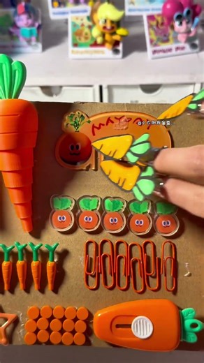 Homemade stress-relieving voice control panel made entirely of carrots. Whose support color is or...