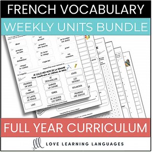 French Vocabulary Core and Immersion Curriculum Bundle Writing, Spelling, Games