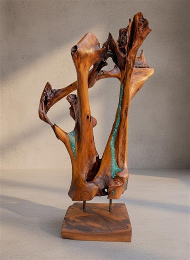 Large Indonesian Teak Root Sculpture With Genuine Turquoise Inlay - Handcrafted - Etsy