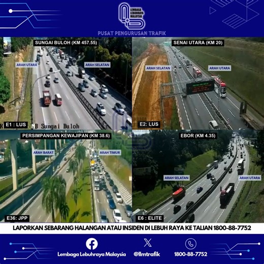 PUSAT PENGURUSAN TRAFIK, LEMBAGA LEBUHRAYA MALAYSIA. INFO TRAFIK TERKINI. 🗓Tarikh : 9/1/2026 (Jumaat) ⏰Masa : 11.09 pagi. 🌤️Cuaca : Baik. STATUS TRAFIK DI LEBUH RAYA BERTOL SELURUH NEGARA 🛣🛣🛣 Trafik meningkat dan bergerak perlahan di lokasi-lokasi seperti berikut : 🚗 🛵 🚕 🏍️ 🚙 🚌 🚚🚐🚛 🔸 E1: LEBUHRAYA UTARA - SELATAN (LUS) ➡ Arah Selatan: • Juru Auto City ke Plaza Tol Juru, dan • Hospital Sungai Buloh ke Bukit Lanjan. 🔸 E2: LEBUHRAYA UTARA - SELATAN (LUS) ➡ Arah Utara: • Selepas Plaz