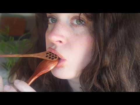 pure wooden spoon mouth sounds, no talking ASMR (honey spoon)