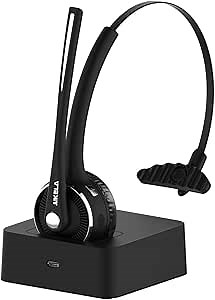 AIKELA Trucker Wireless Bluetooth Headset with Microphone, Mute Function, Charging Base, Bluetooth 5.0, 17H Clear Talk Time, On Ear Bluetooth Headphones for Cell Phones, Skype, PC, Office and Home
