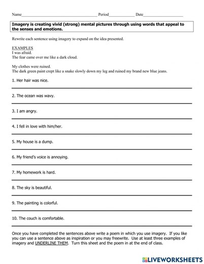 Imagery Worksheet Grade 7 online exercise for