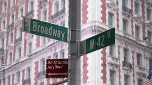 Classic New York City street signage of Broadway and West 42nd Street in Manhattan with large buildings in the background.