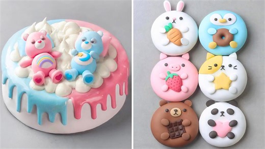 Cute animal cookies and rainbow drip cake