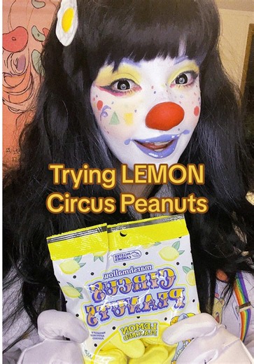 Trying LEMON circus peanuts (again) (sort of) #bouncyclown #clown #circuspeanuts #tryingfood #clowngirl