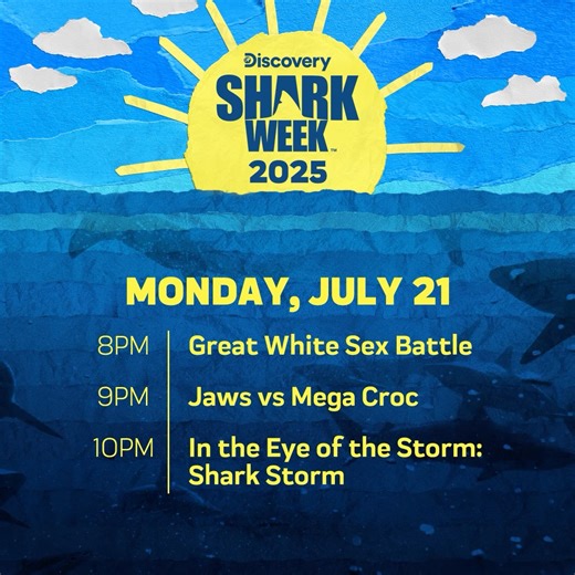 Let's hear it for day two! #SharkWeek continues TONIGHT at 8p on Discovery! 🙌 Let us know which special you're most excited for: 8p: Great White Sex Battle 👀 9p: Jaws vs Mega Croc 🐊 10p: In the Eye of the Storm: Shark Storm ⛈️ | Shark Week