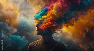 imagine prompt A 3D animation of a person with vibrant colors exploding from their head symbolizing a burst of creative ideas with the colorful explosion rendering new innovative concepts in a Stock Video