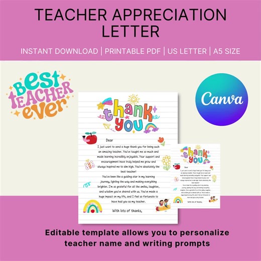Editable Teacher Appreciation Letter, End of School Year Thank You, Canva Template, Digital Download - Etsy UK