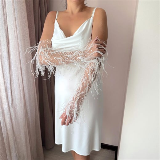 Ivory Wedding Gloves With Feathers: Fingerless Sheer Bridal Sleeves - Etsy