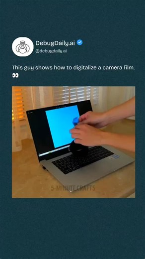 DebugDaily on Instagram: "DIY hack to digitize old film negatives at home! Use a laptop as backlight, roll a tube for focused light, shoot with phone macro mode, then invert colors + tweak curves in any photo app. No scanner needed! Turn dusty negatives into vibrant digital memories like this one. #viralreels #photographytips #hack"