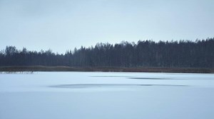 Download Beautiful frozen lake panorama with fisherman foosteps on icy lake with fragile new ice. Dangers on ice and Ice fishing.POV fisherman for free