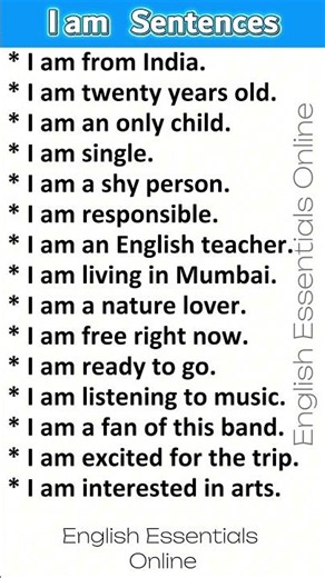 100 I AM Sentences in English | Learn Basic English | English for Beginners #english #verbtobe