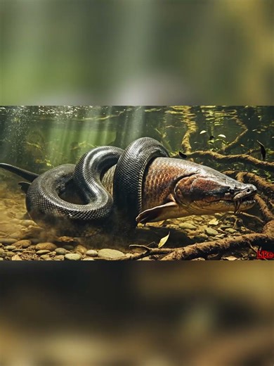 Giant black anaconda and huge arapaima fish motionless underwater